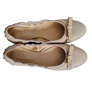 Tod's Women's Gommino Ballet Shoes Flats Gray Cream, Bow on Top Size 36.5, 6/6.5
